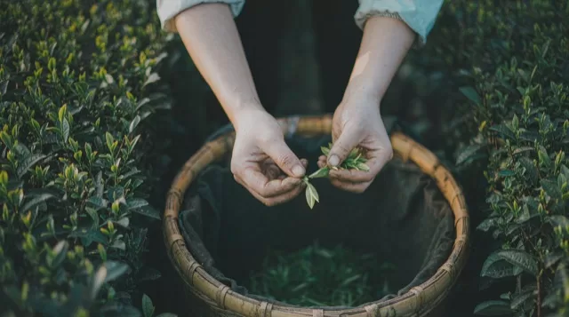 Hands picking the top two leaves and a bud