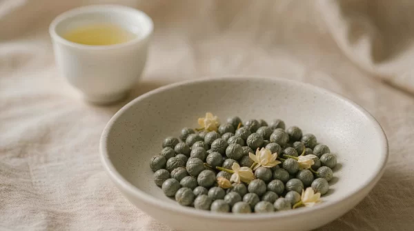 Jasmine Pearl Roulan dry tea leaves